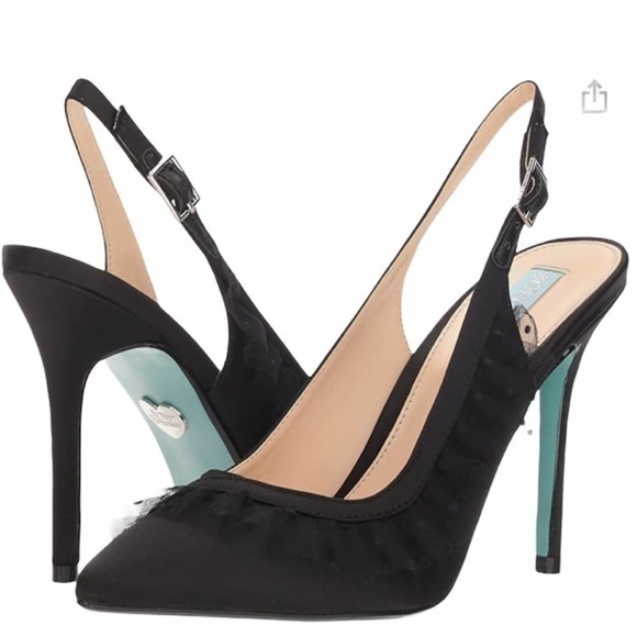 Betsey Johnson Mia Black Satin Slingback Lace RuffleStiletto Heels Blue Bottom